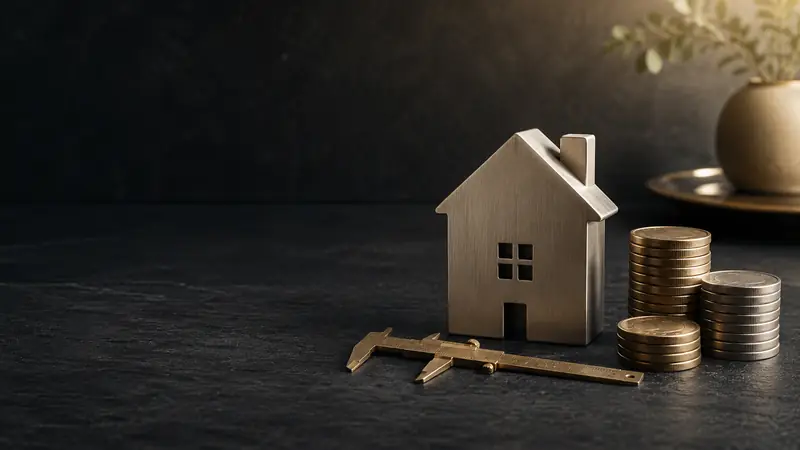 Cheapest mortgage protection insurance guide - Mallard Mortgage Protection Model home with brass calipers and stacks of coins on a dark surface representing cheapest mortgage protection insurance