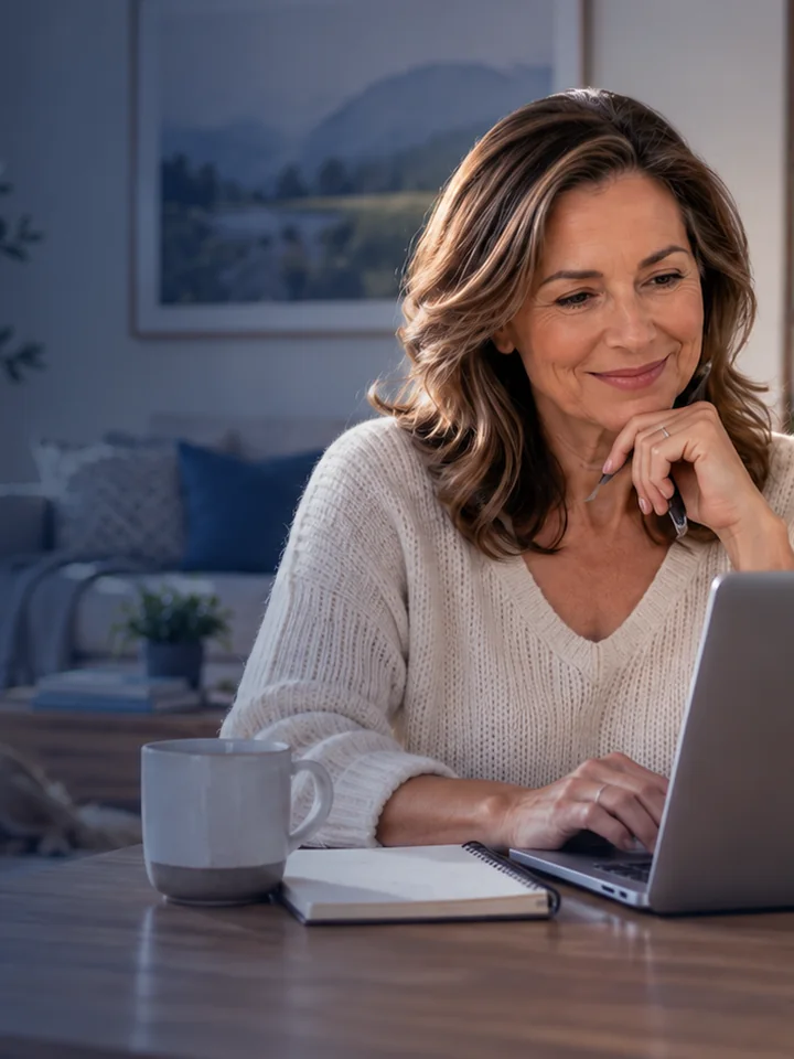 Woman reviewing life insurance options on a laptop at home