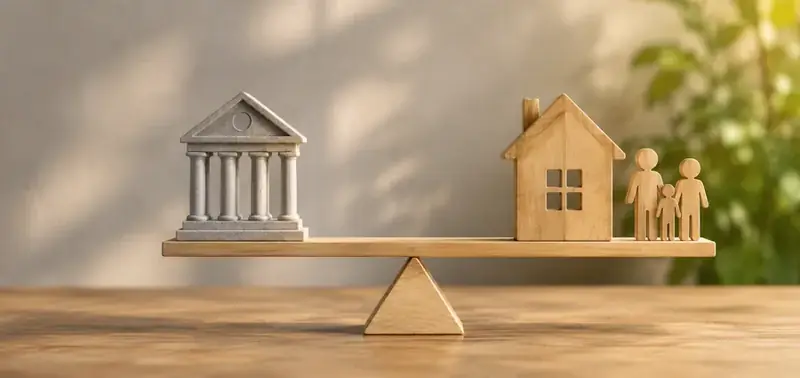 Mortgage protection insurance vs PMI guide - Mallard Mortgage Protection Wooden balance scale weighing a bank building and a home with family figures