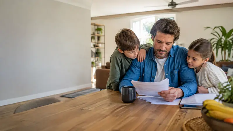 Globe Life insurance guide - Mallard Mortgage Protection Father and two children at a dining table reviewing life insurance paperwork