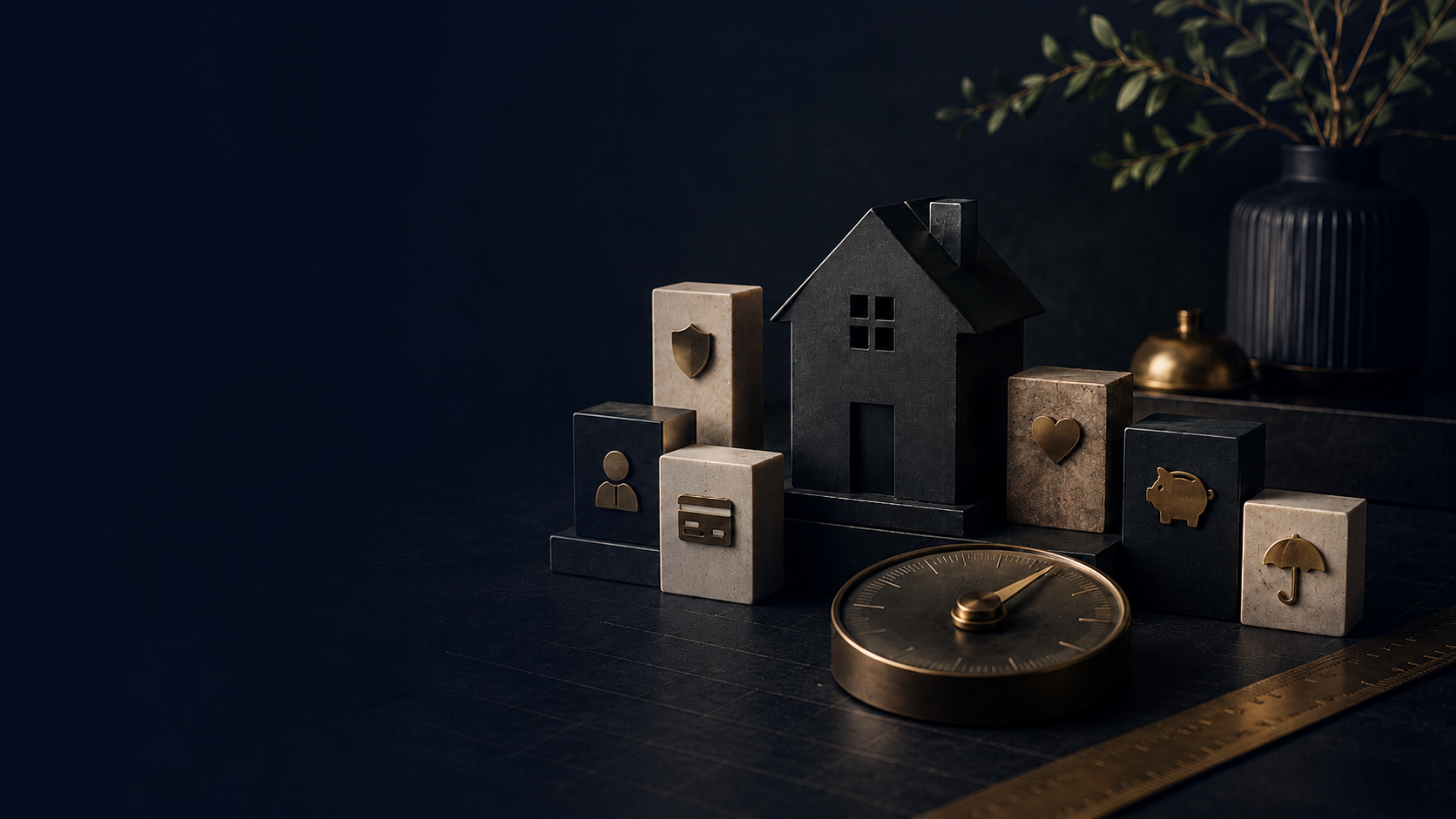Mortgage protection insurance calculator - Mallard Mortgage Protection Model home with brass icons and gauge representing a mortgage protection insurance calculator