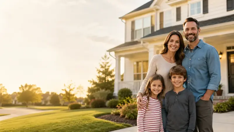 Types of life insurance guide for homeowners - Mallard Mortgage Protection Family outside their home for a guide to types of life insurance