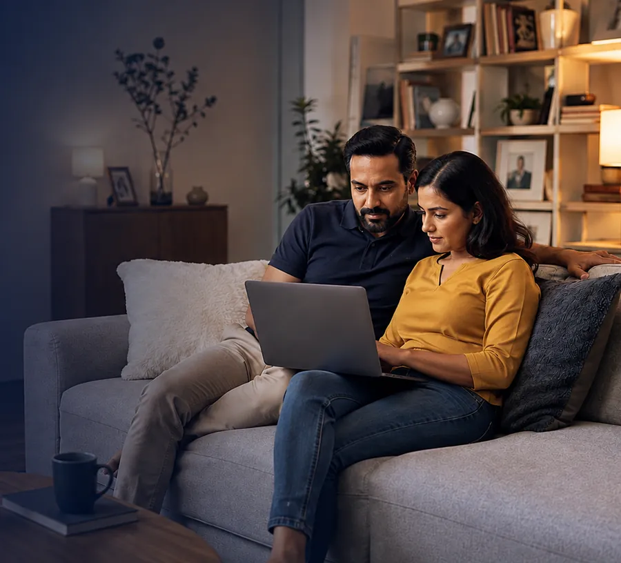 Couple reviewing an online life insurance application on a laptop at home