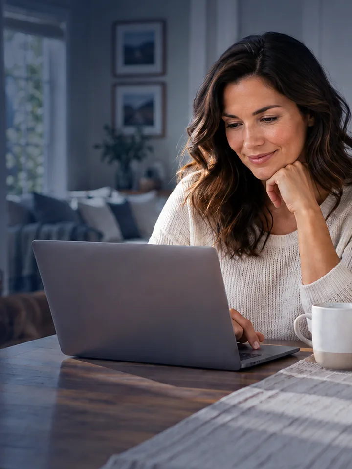 Reviewing term life insurance options online Woman reviewing life insurance options online at home