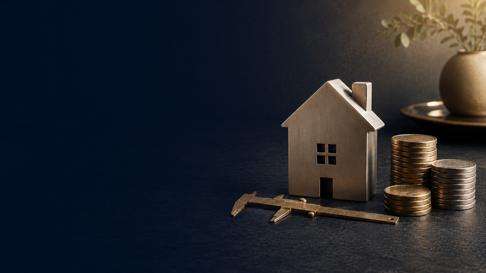 Cheapest mortgage protection insurance - Mallard Mortgage Protection Model home with calipers and stacks of coins on a dark surface representing cheapest mortgage protection insurance
