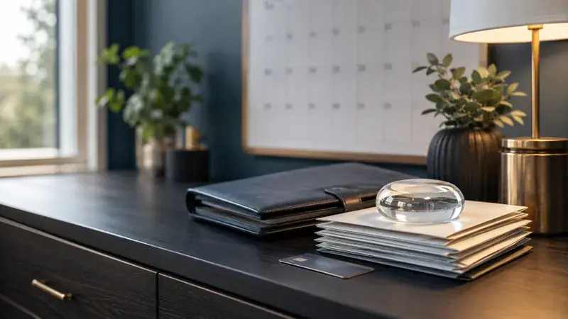 Mortgage payment protection insurance guide - Mallard Mortgage Protection Leather portfolio, envelopes and a credit card on a dark desk representing mortgage payment protection insurance