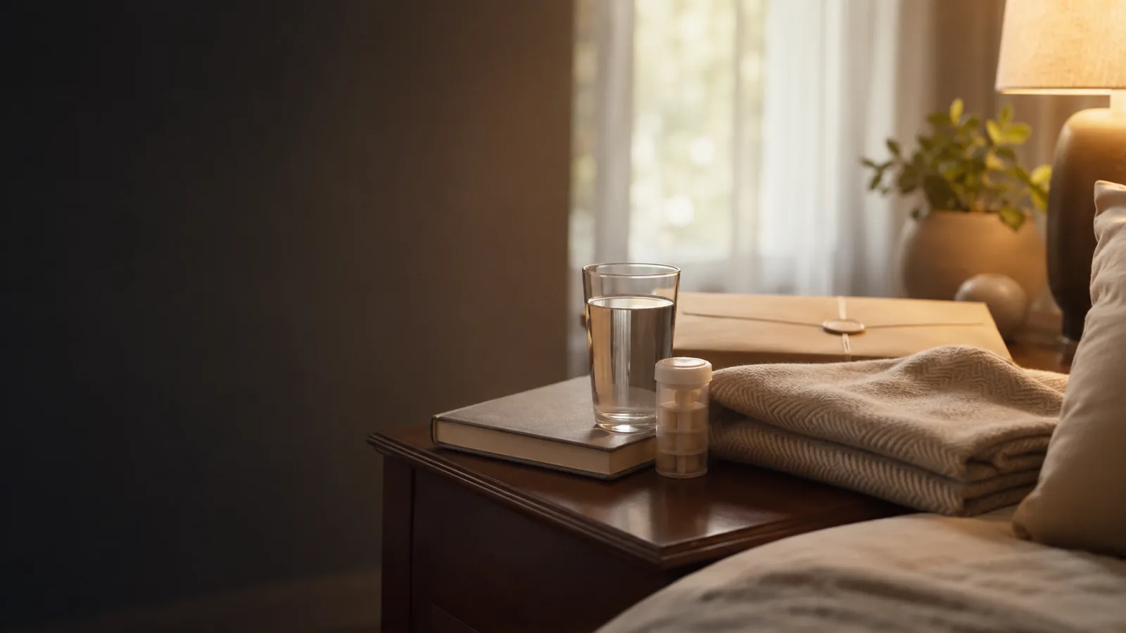 Mortgage protection with living benefits - Mallard Mortgage Protection Warm bedside table with a book, glass of water, and small medicine bottle representing mortgage protection with living benefits