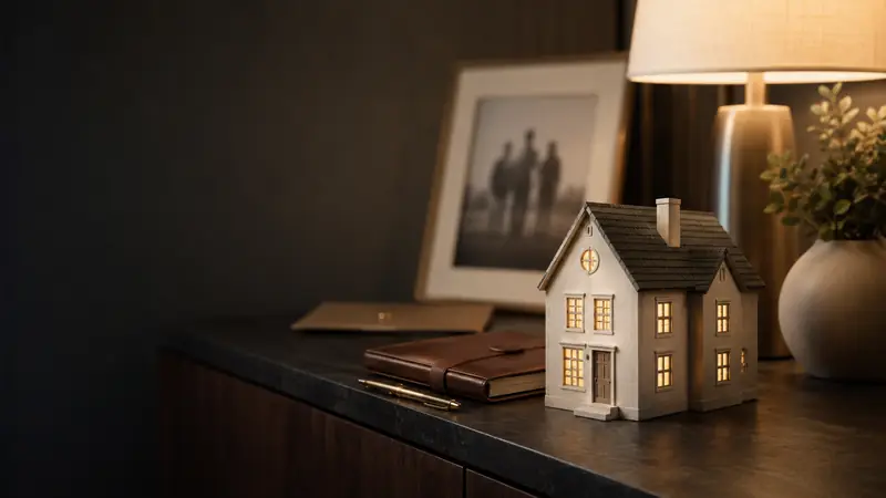Life insurance to pay off a mortgage guide - Mallard Mortgage Protection Small lit model home on a dark console table representing life insurance to pay off a mortgage