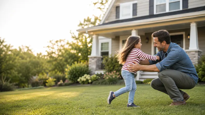 Life insurance protection guide for families - Mallard Mortgage Protection Father kneeling to hug his daughter on the front lawn of their home