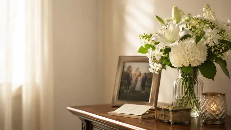 Final expense life insurance guide for homeowners - Mallard Mortgage Protection Mantel with white flowers and a family photo representing final expense life insurance