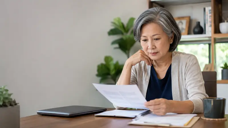 Mutual of Omaha life insurance guide - Mallard Mortgage Protection Woman at home reviewing life insurance paperwork at a desk