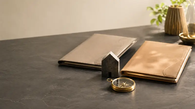 Can I switch mortgage protection insurance guide - Mallard Mortgage Protection Two leather journals, a compass, and a small stone house on a dark desk representing switching mortgage protection insurance