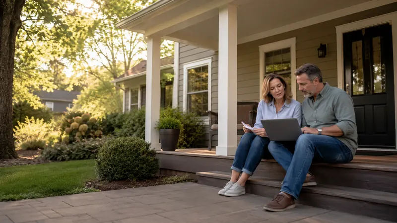 TruStage life insurance guide - Mallard Mortgage Protection Couple sitting on their front porch steps reviewing life insurance options on a laptop