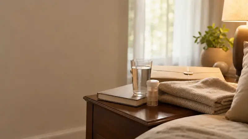 Mortgage protection with living benefits guide - Mallard Mortgage Protection Warm bedside table with a book, glass of water, and small medicine bottle representing mortgage protection with living benefits