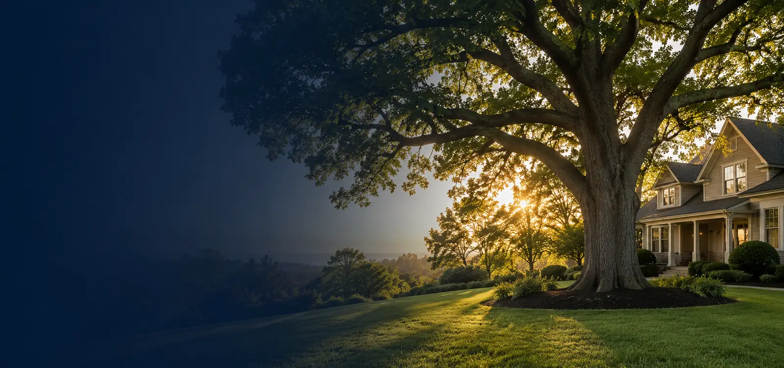 Whole life insurance for homeowners - Mallard Mortgage Protection Home at sunset under a large oak tree representing whole life insurance